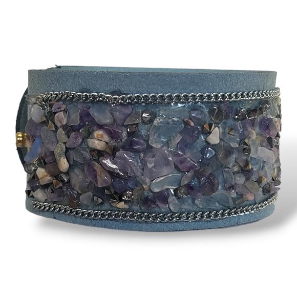 New Blue Suede Leather Tumbled Amethyst Moonstone Quartz Hematite Bracelet 7" - Picture 5 of 7